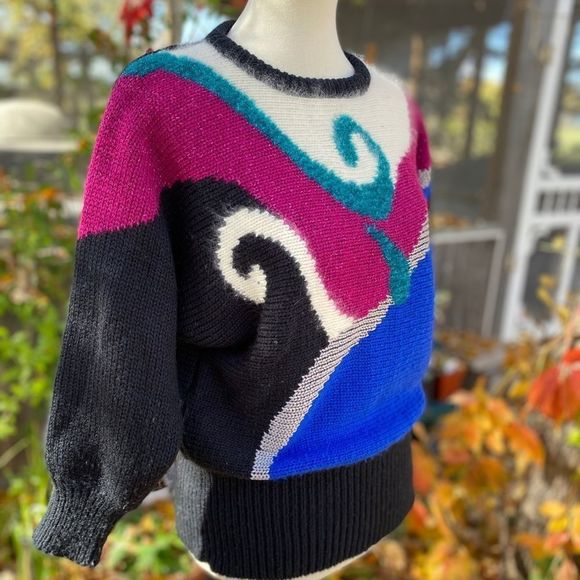 80s Color Block Knit Sweater Crew New Wave Colour Block Sz M - Picture 13 of 13